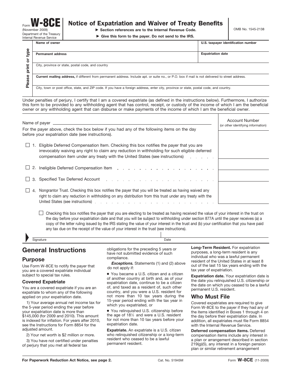 IRS Form W-8CE Notice of Expatriation and Waiver of Treaty Benefits, Page 1