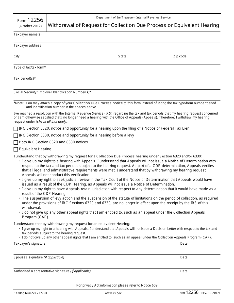 IRS Form 12256 Withdrawal of Request for Collection Due Process or Equivalent Hearing, Page 1
