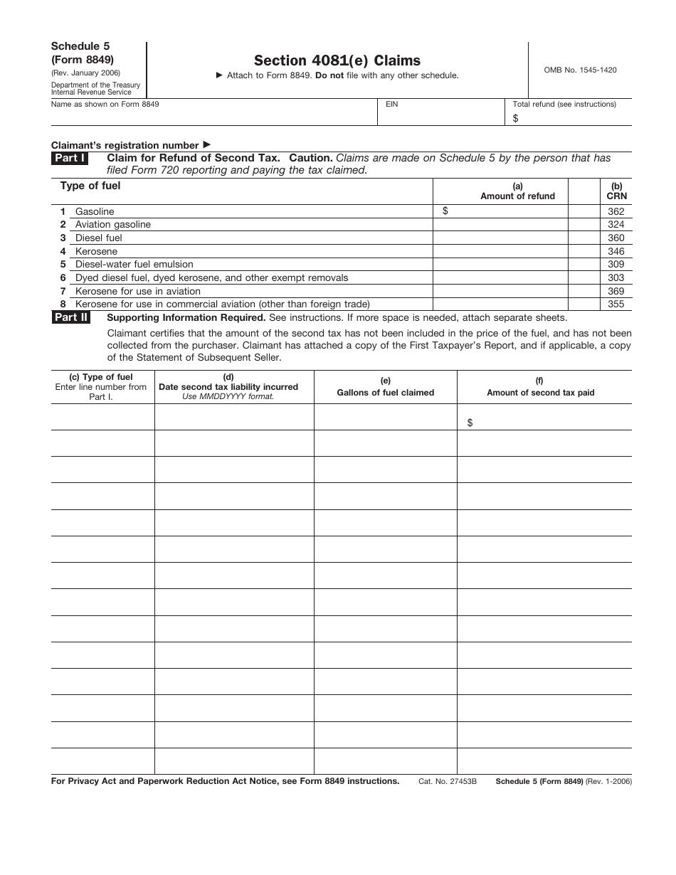 IRS Form 8849 Schedule 5 Section 4081(E) Claims, Page 1