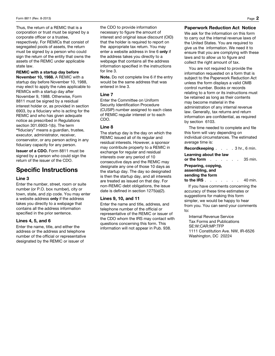 IRS Form 8811 Information Return for Real Estate Mortgage Investment Conduits (Remics) and Issuers of Collateralized Debt Obligations, Page 2