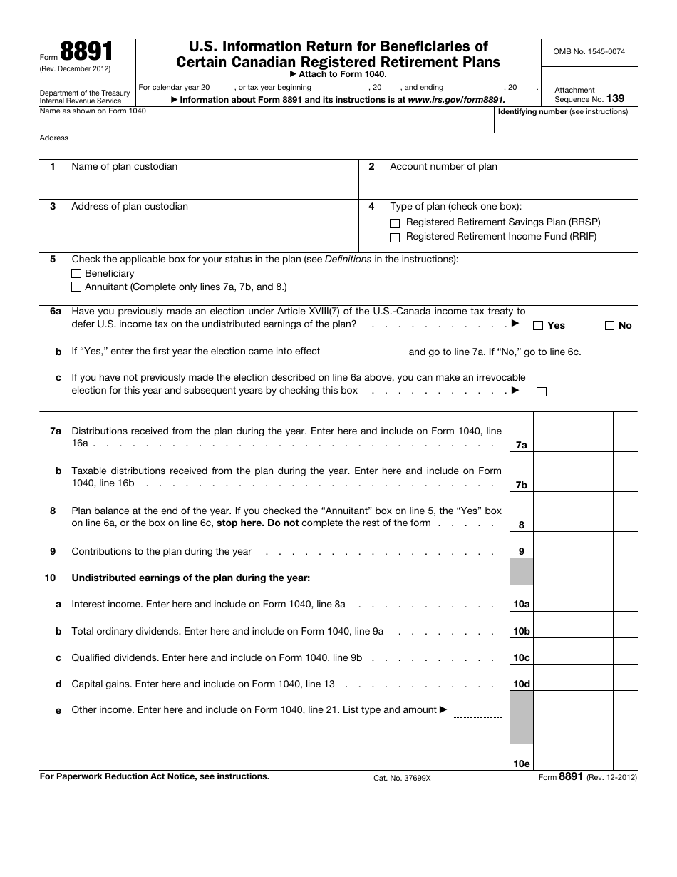 IRS Form 8891 U.S. Information Return for Beneficiaries of Certain Canadian Registered Retirement Plans, Page 1