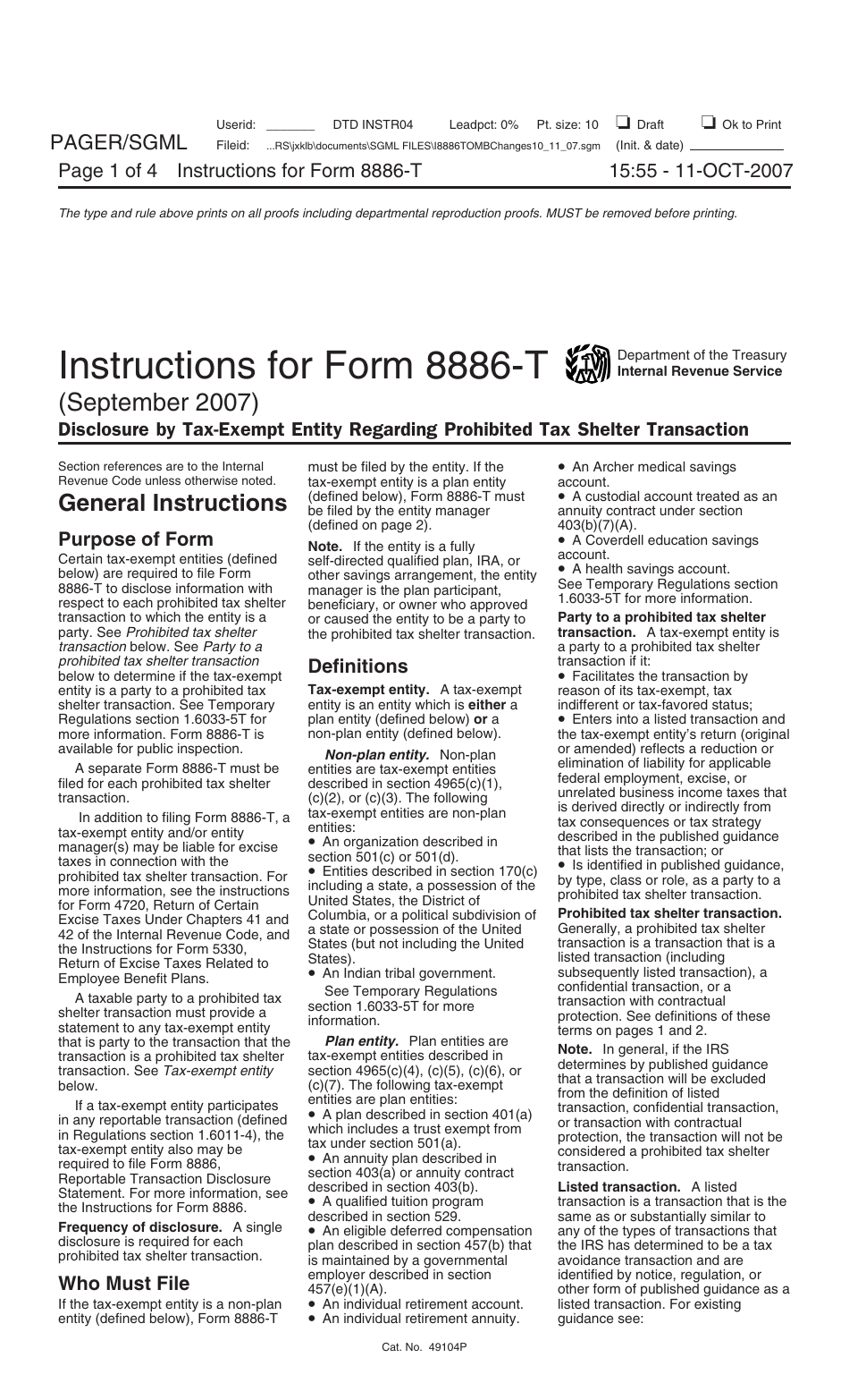Instructions for IRS Form 8886-T Disclosure by Tax-Exempt Entity Regarding Prohibited Tax Shelter Transaction, Page 1
