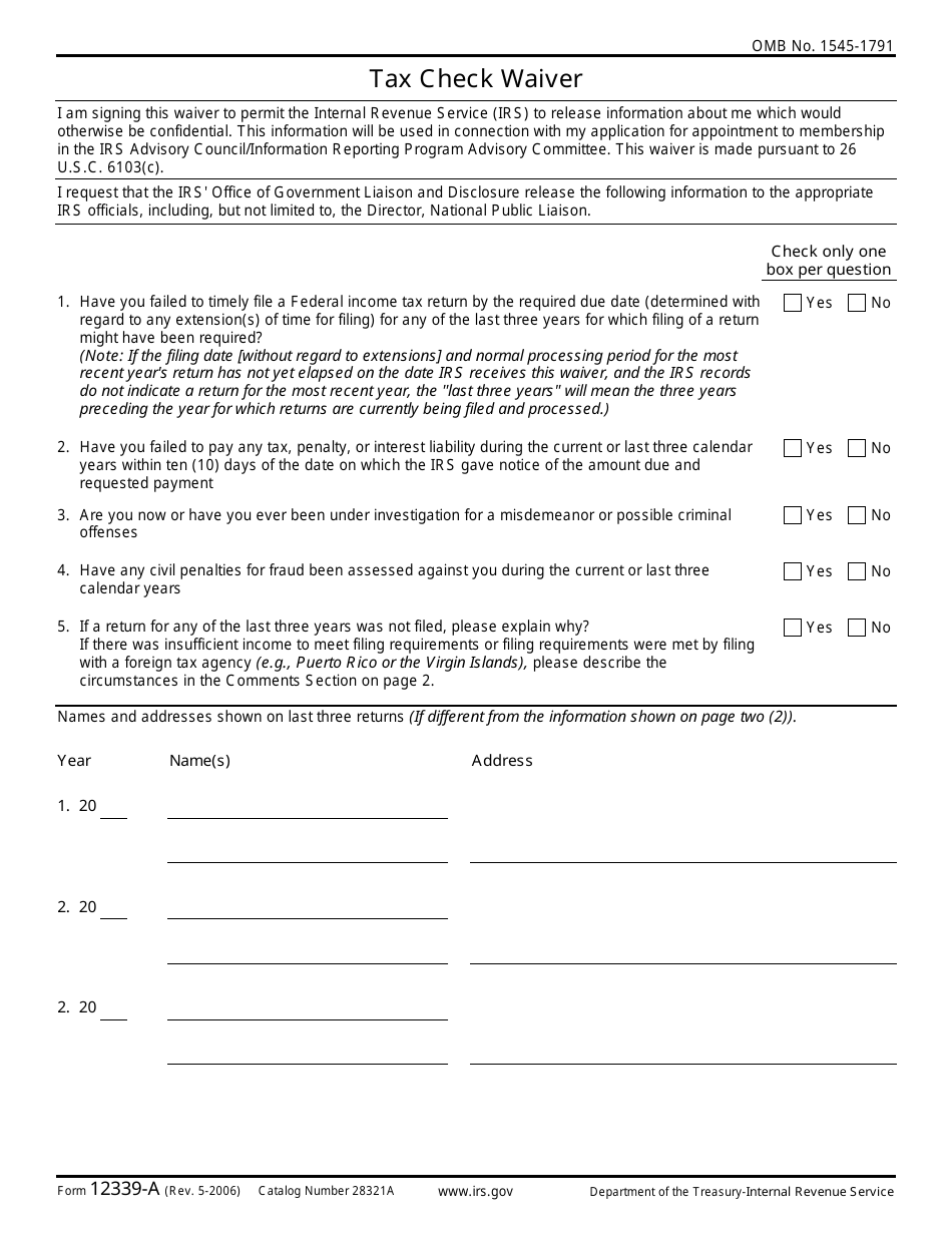 IRS Form 12339-A Tax Check Waiver, Page 1
