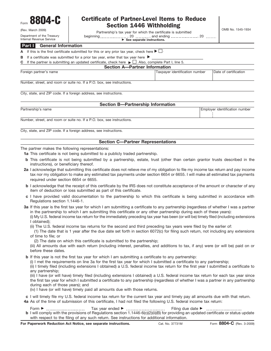 IRS Form 8804-C Certificate of Partner-Level Items to Reduce Section 1446 Withholding, Page 1