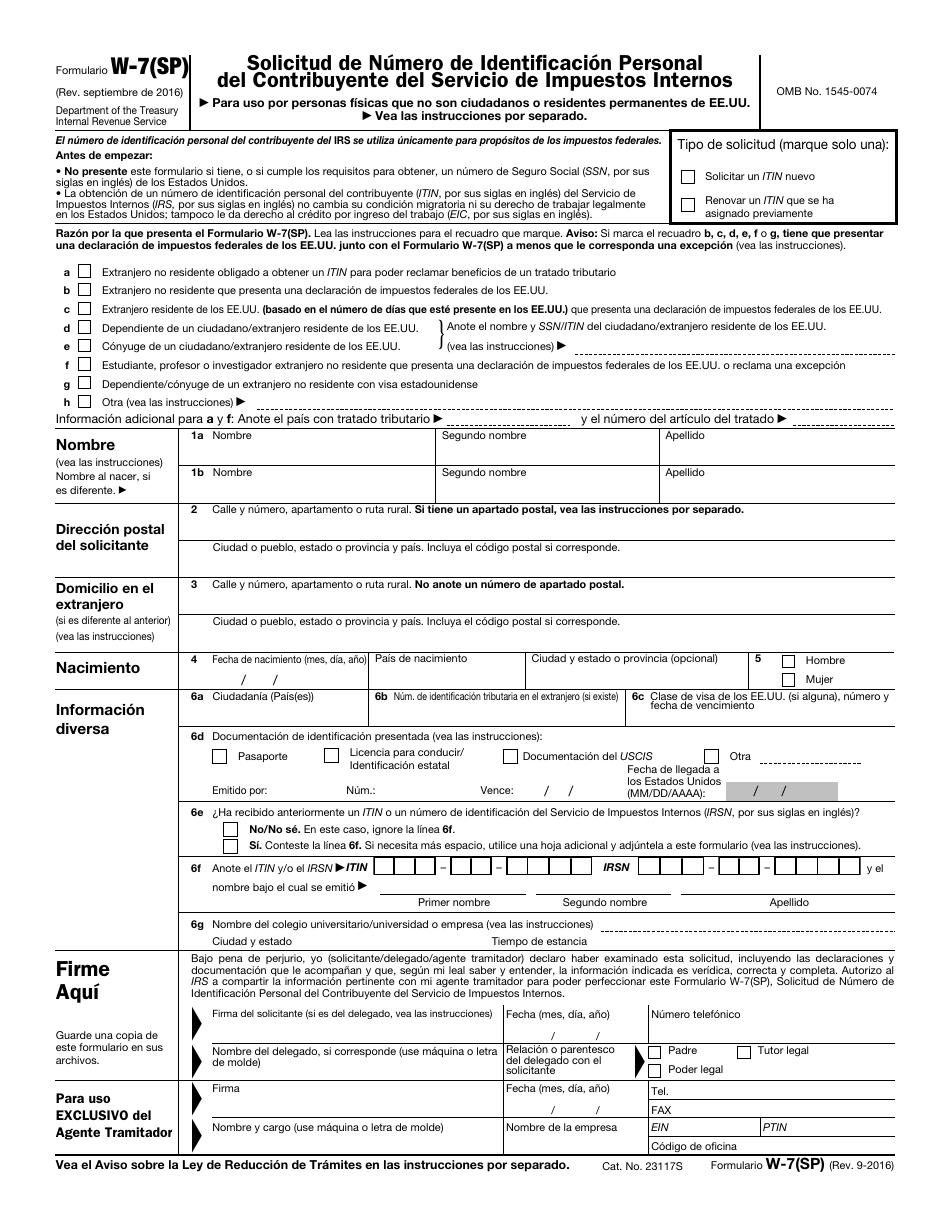 IRS Formulario W-7(SP) Solicitud De Numero De Identificacion Personal Del Contribuyente Del Servicio De Impuestos Internos (Spanish), Page 1