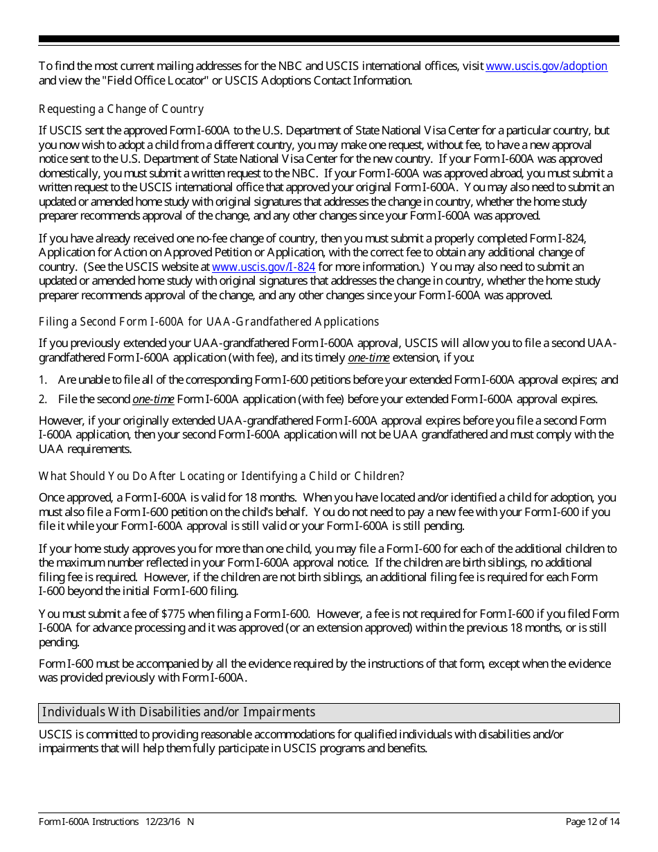 Instructions for USCIS Form I-600A Application for Advance Processing of an Orphan Petition, Page 12