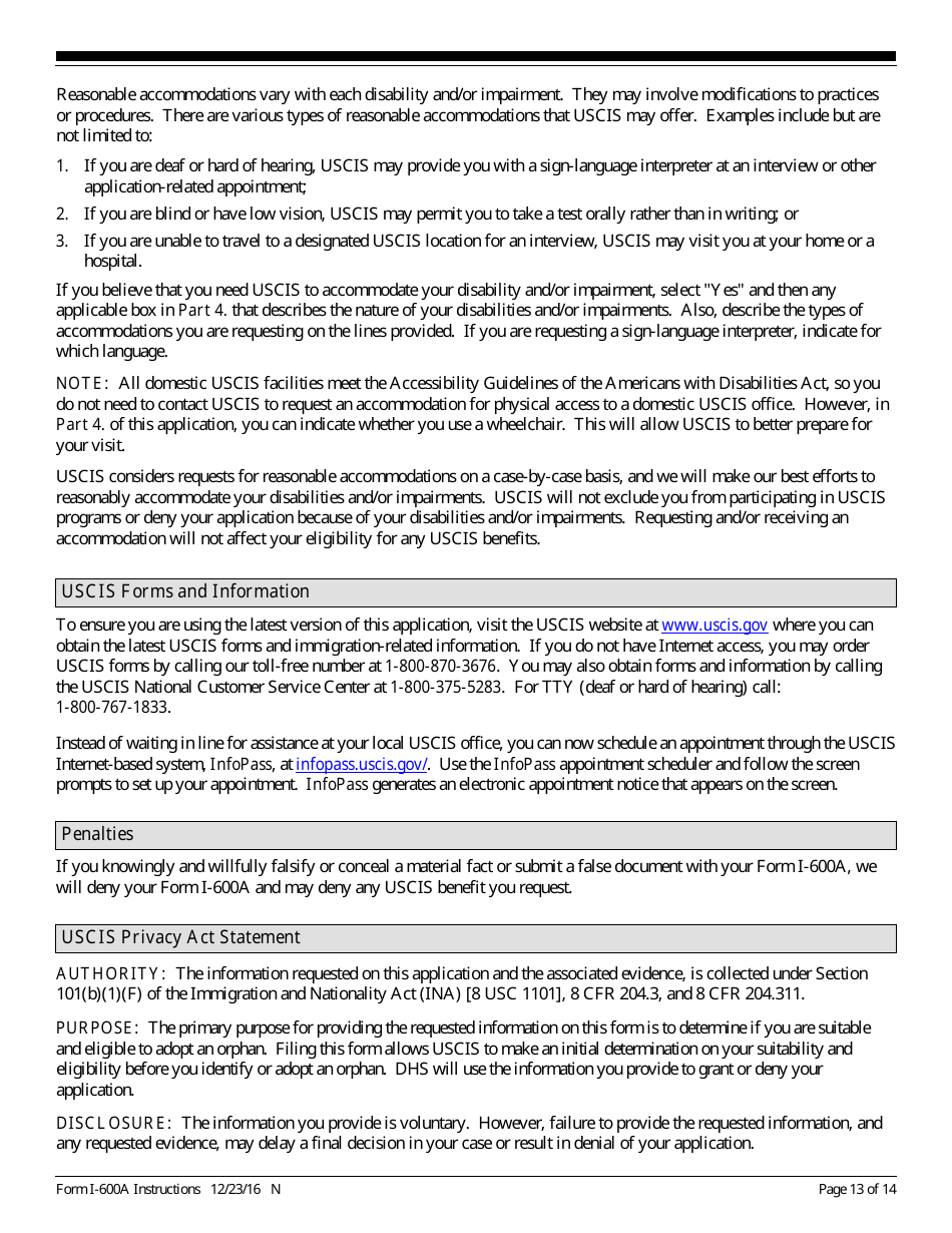 Instructions for USCIS Form I-600A Application for Advance Processing of an Orphan Petition, Page 13