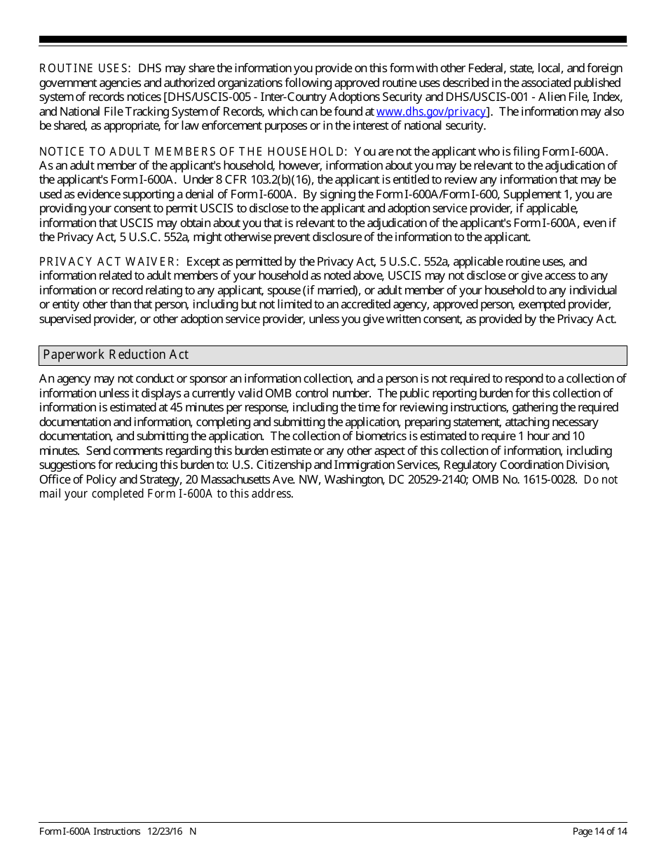 Instructions for USCIS Form I-600A Application for Advance Processing of an Orphan Petition, Page 14