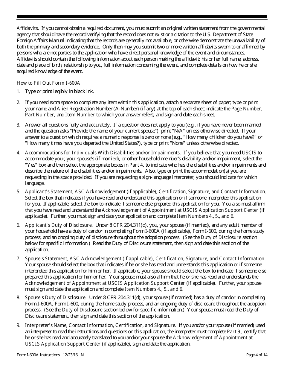 Instructions for USCIS Form I-600A Application for Advance Processing of an Orphan Petition, Page 4