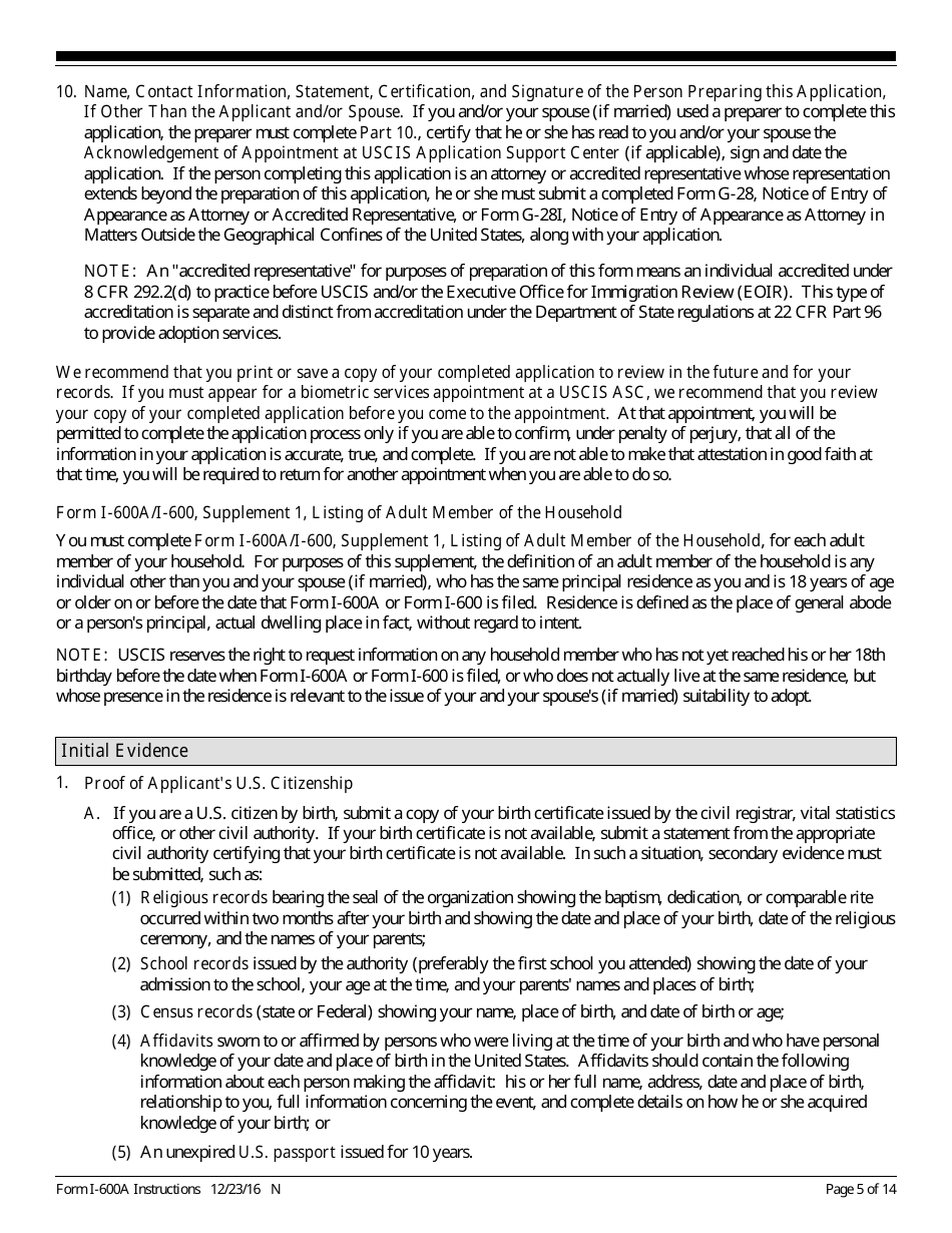Instructions for USCIS Form I-600A Application for Advance Processing of an Orphan Petition, Page 5
