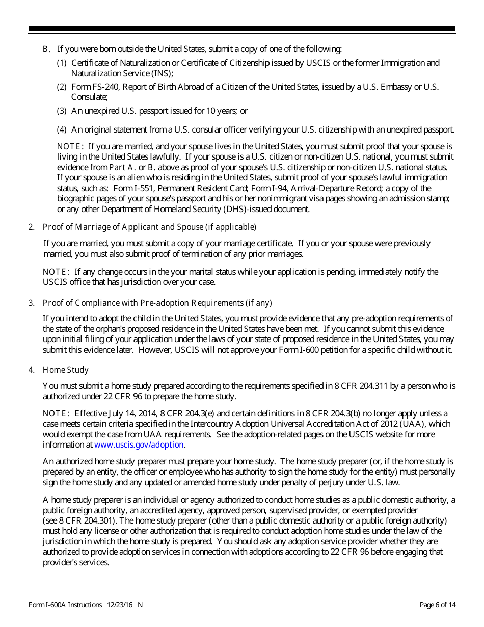 Instructions for USCIS Form I-600A Application for Advance Processing of an Orphan Petition, Page 6