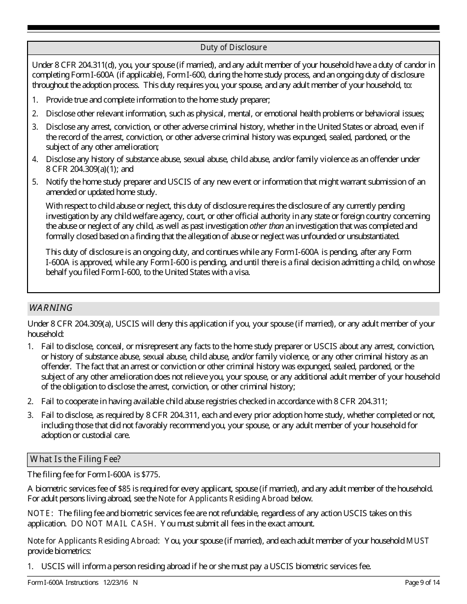Instructions for USCIS Form I-600A Application for Advance Processing of an Orphan Petition, Page 9