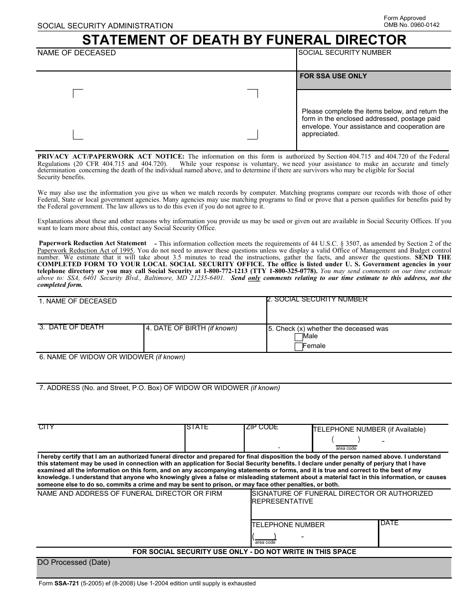 Form SSA-721 Statement of Death by Funeral Director, Page 1