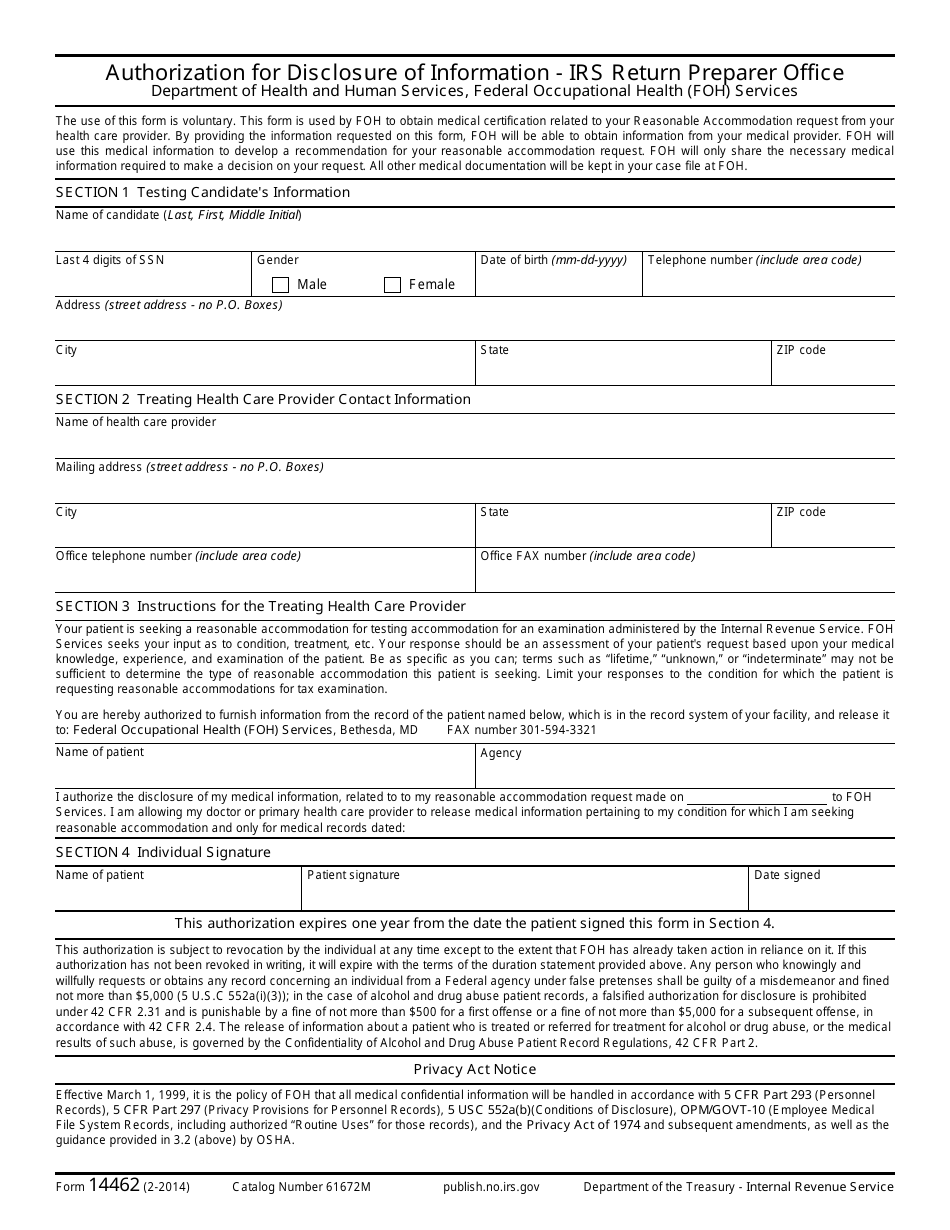IRS Form 14462 Authorization for Disclosure of Information - IRS Return Preparer Office, Page 1
