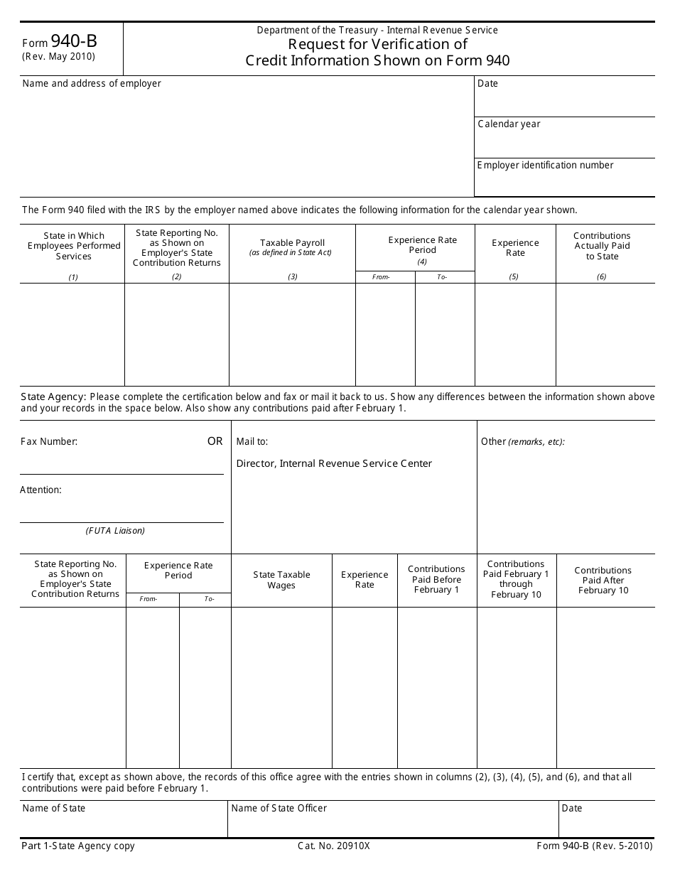 IRS Form 940-B Request for Verification of Credit Information Shown on Form 940, Page 1