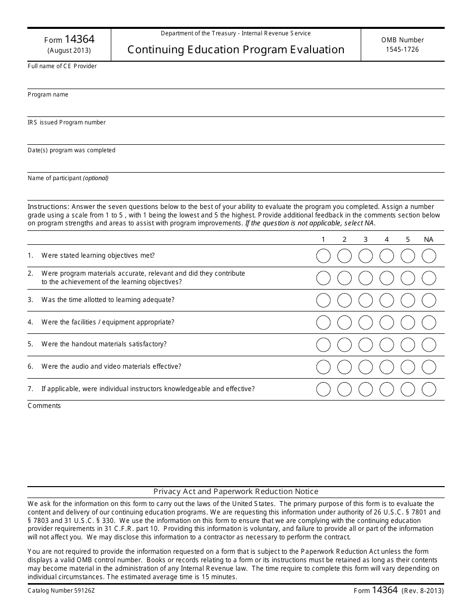 IRS Form 14364 Continuing Education Program Evaluation, Page 1