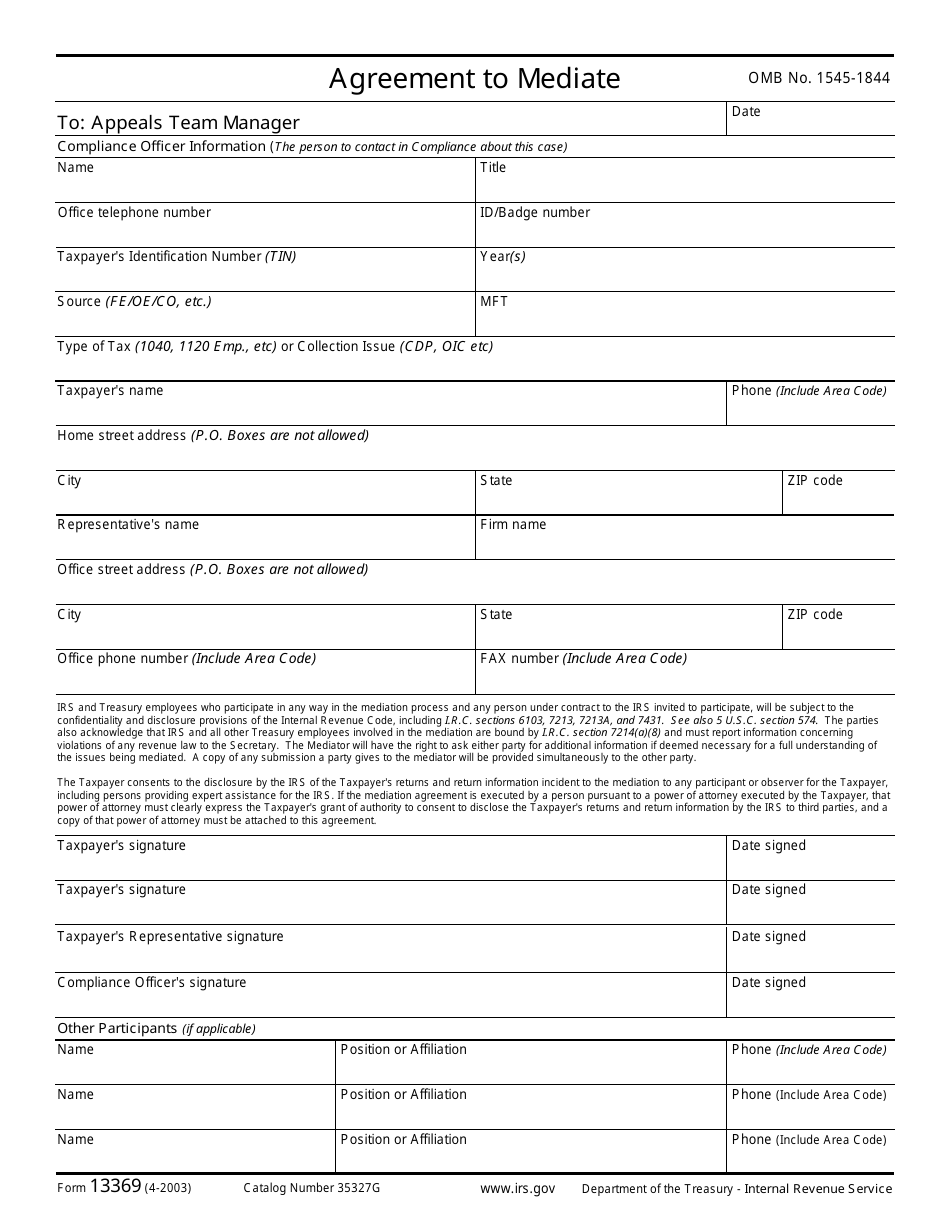 IRS Form 13369 Agreement to Mediate, Page 1