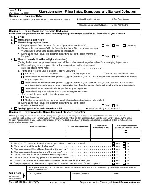 IRS Form 5129 Questionnaire-Filing Status, Exemptions, and Standard Deduction