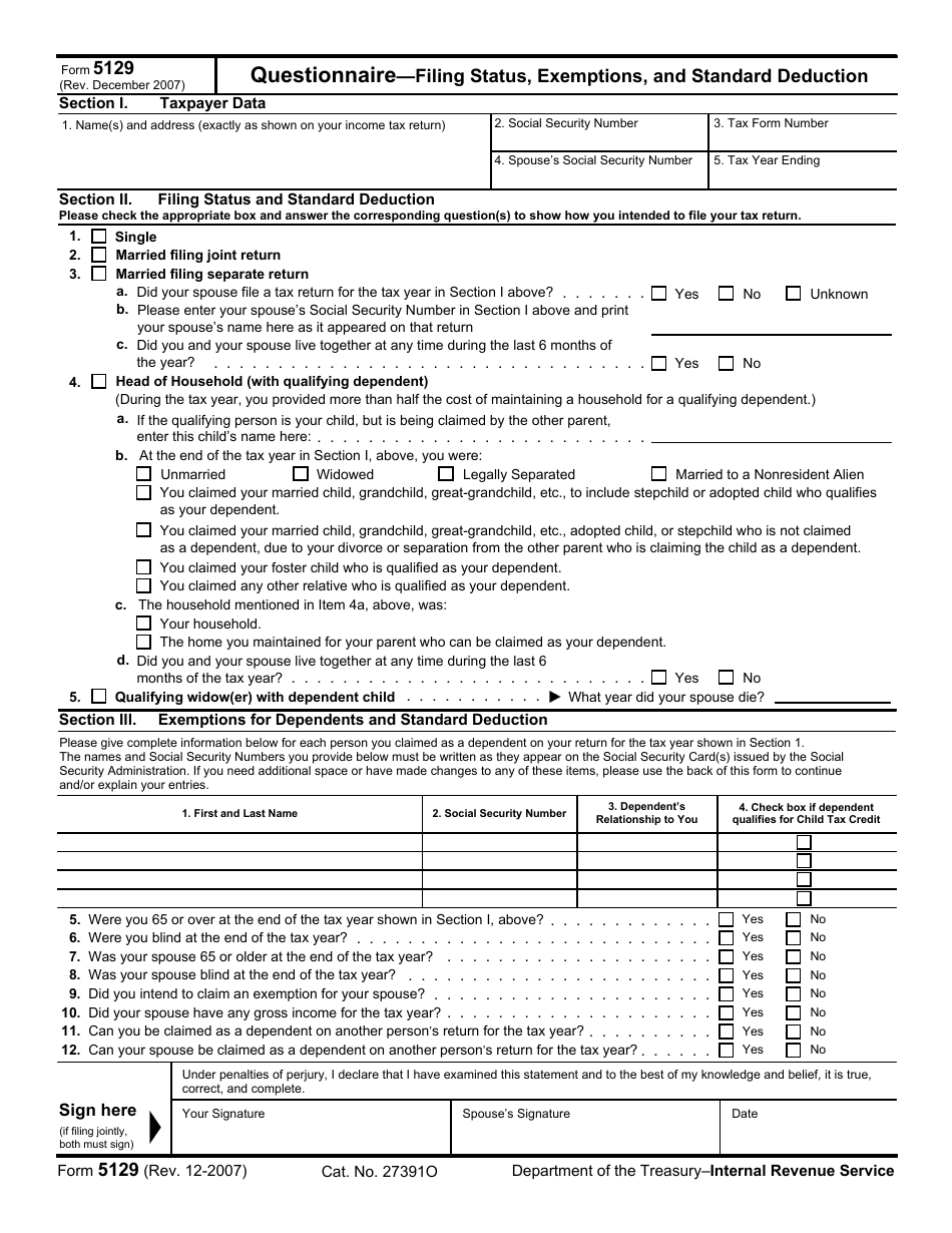 IRS Form 5129 Questionnaire-Filing Status, Exemptions, and Standard Deduction, Page 1