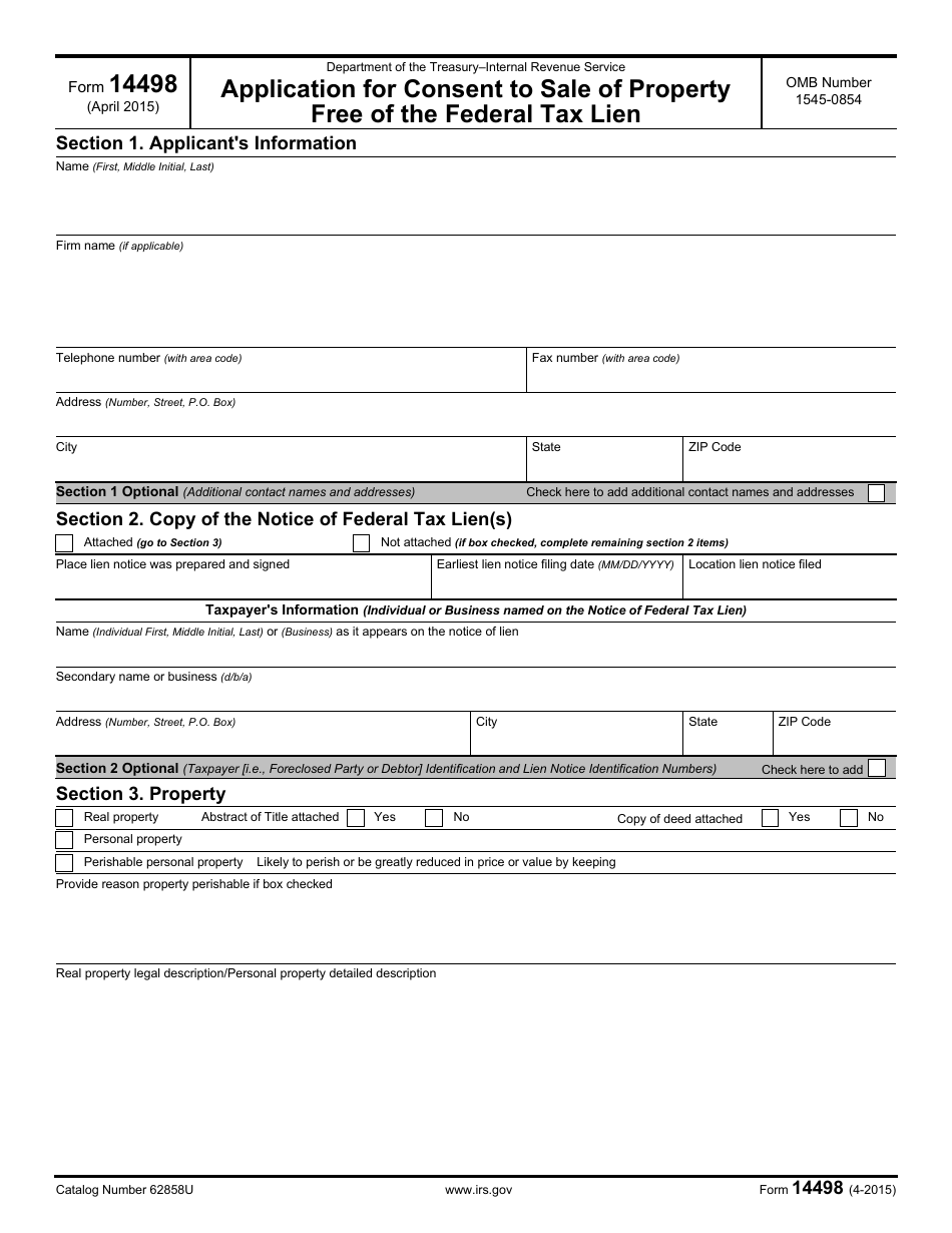 IRS Form 14498 Application for Consent to Sale of Property Free of the Federal Tax Lien, Page 1