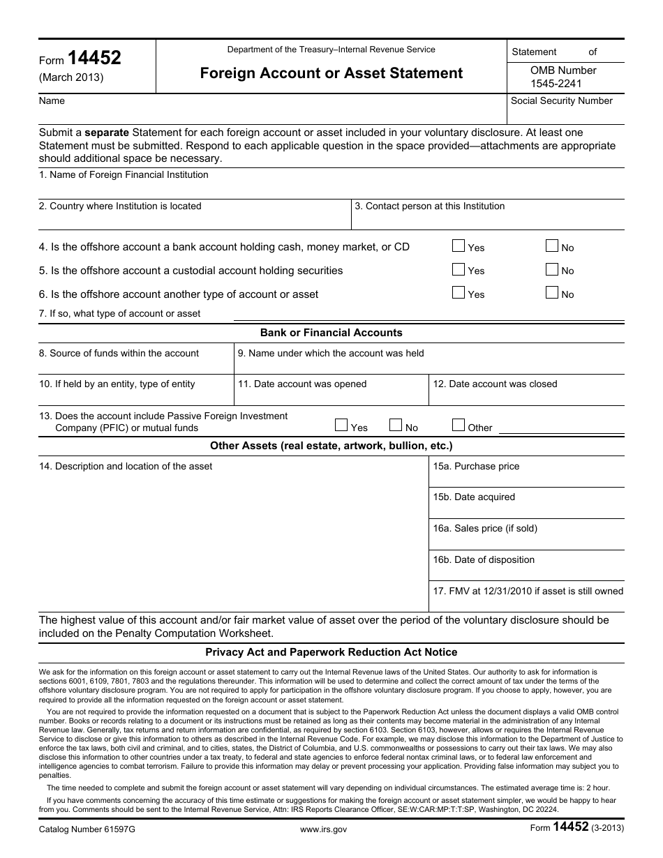 IRS Form 14452 Fill Out, Sign Online and Download Fillable PDF