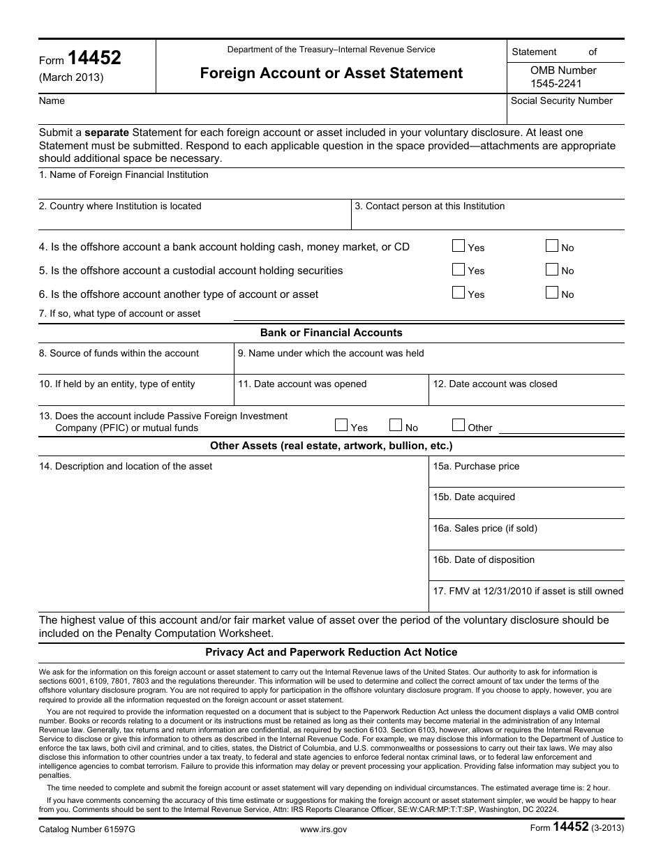 IRS Form 14452 Foreign Account or Asset Statement, Page 1