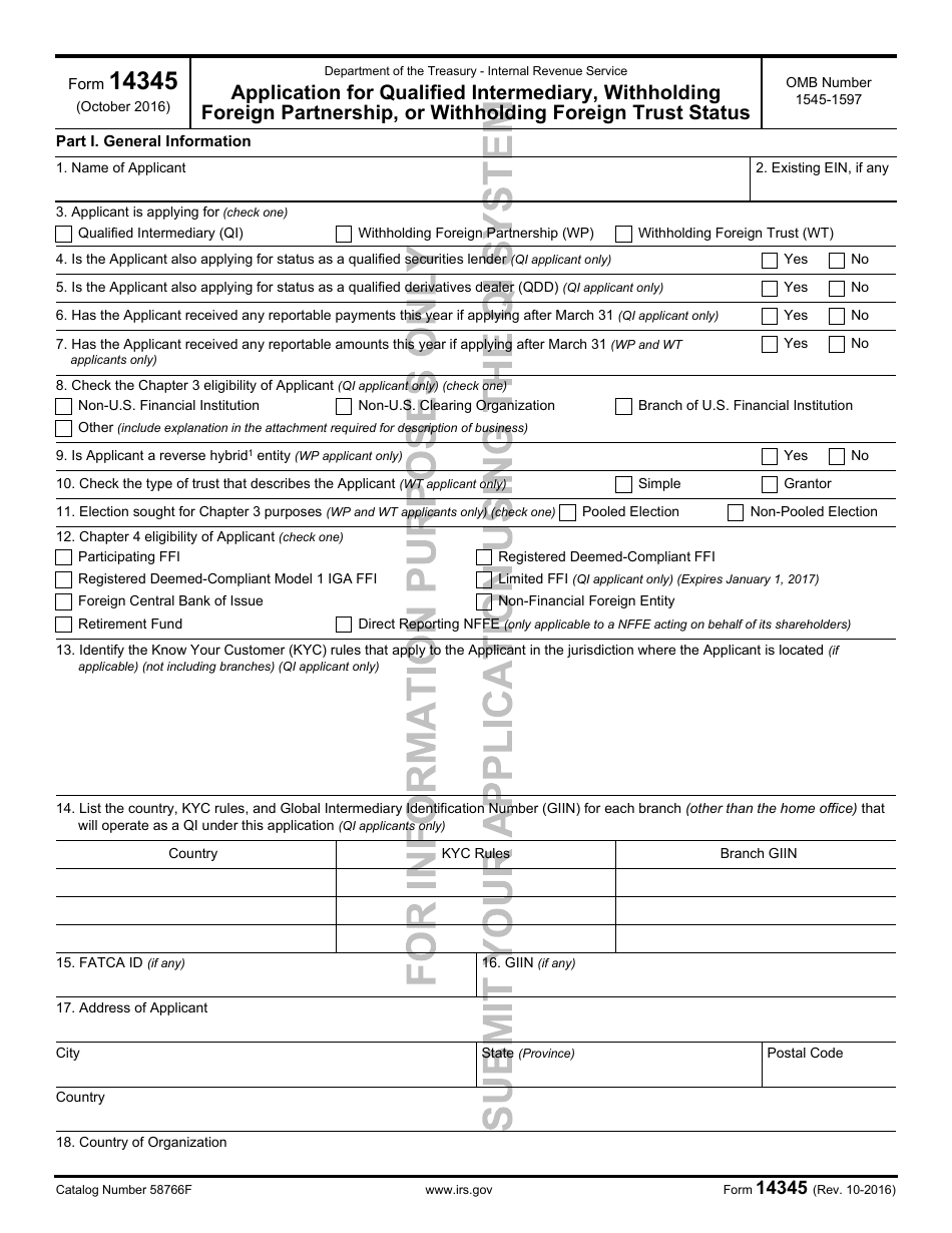 IRS Form 14345 Application for Qualified Intermediary, Withholding Foreign Partnership, or Withholding Foreign Trust Status, Page 1
