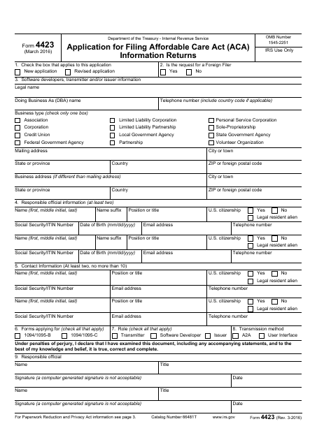 IRS Form 4423 Application for Filing Affordable Care Act (ACA) Information Returns
