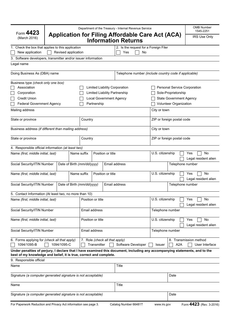IRS Form 4423 Application for Filing Affordable Care Act (ACA) Information Returns, Page 1