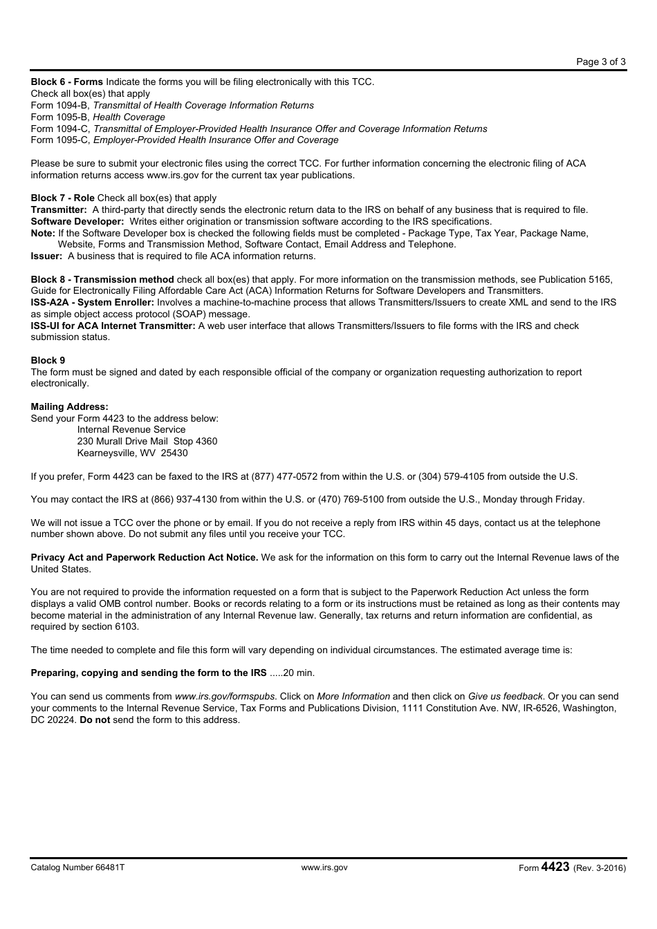 IRS Form 4423 Application for Filing Affordable Care Act (ACA) Information Returns, Page 3