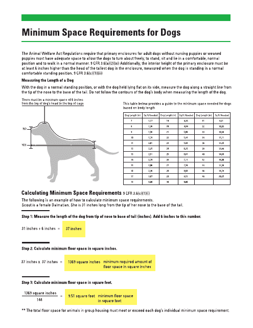 Awa Minimum Space Requirements Chart for Dogs