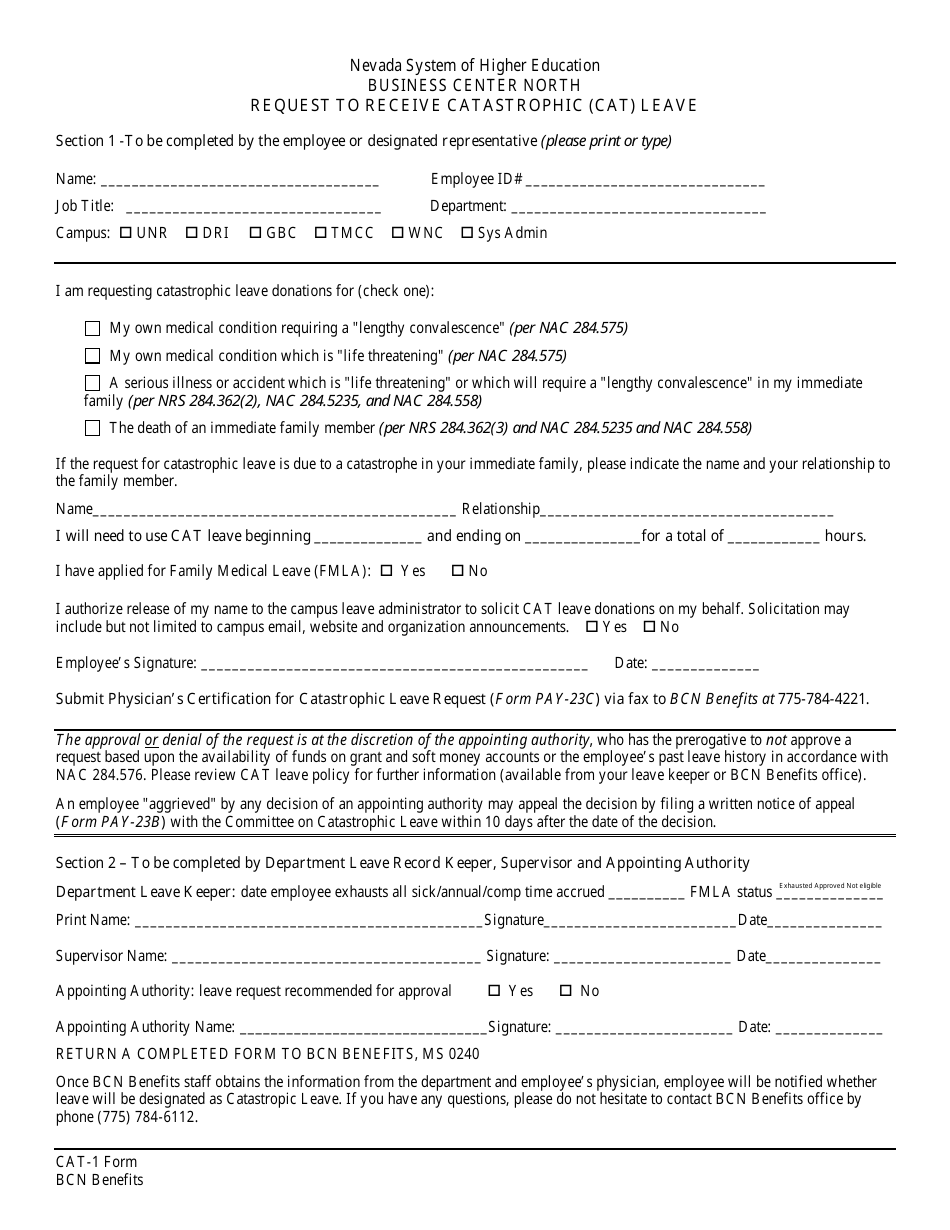 Request to Receive Catastrophic (CAT) Leave - Nevada System of Higher Education Document Preview