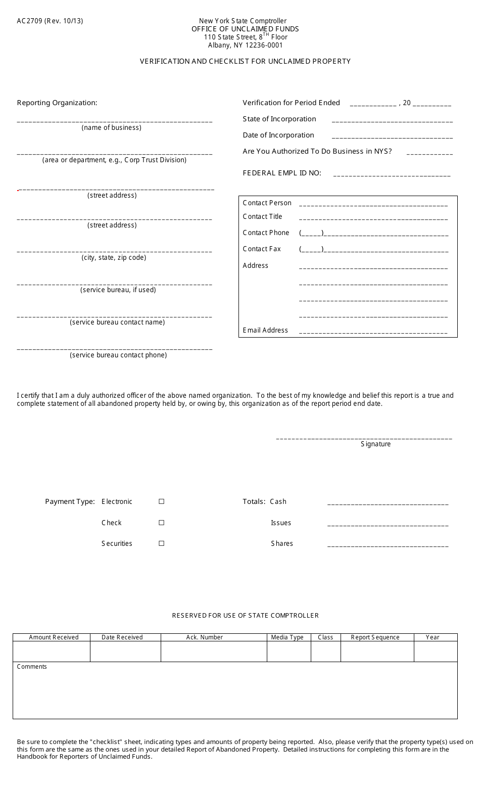 Form AC2709 Verification and Checklist for Unclaimed Property - New York, Page 1