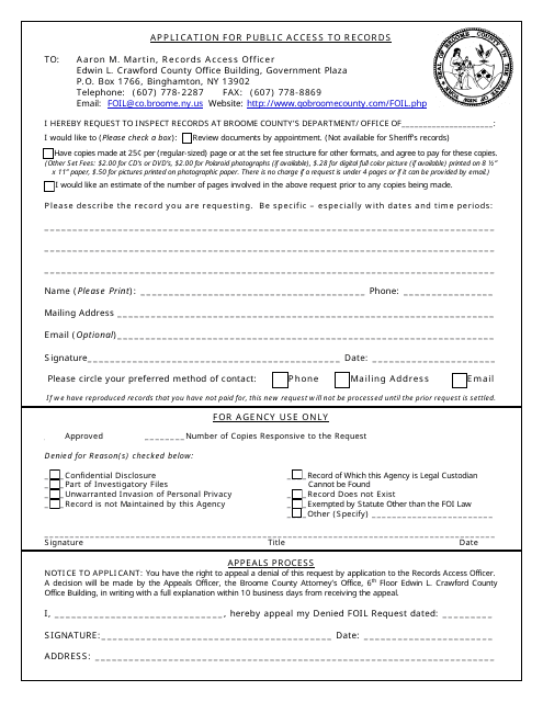 Application for Public Access to Records - Broome County, New York Download Pdf