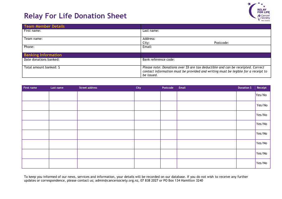 Relay for Life Donation Sheet Template - Cancer Society