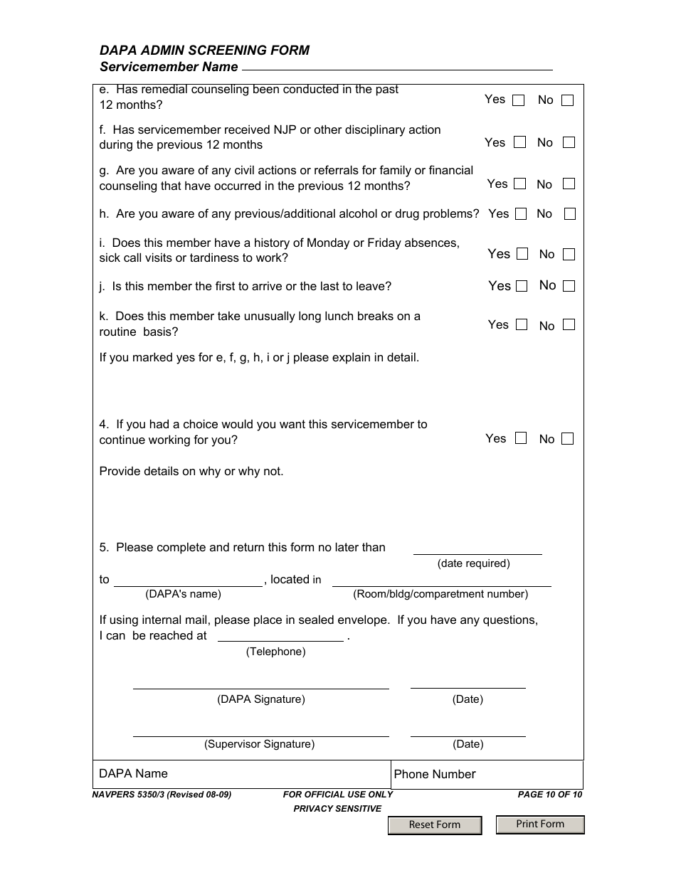 NAVPERS Form 5350 / 3 Dapa Admin Screening Form, Page 10