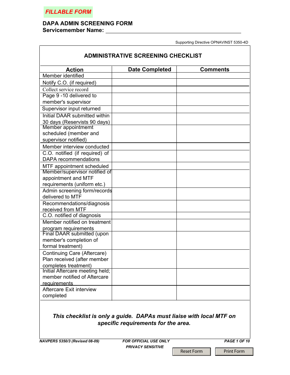NAVPERS Form 5350 / 3 Dapa Admin Screening Form, Page 1