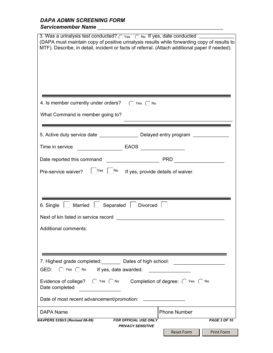 NAVPERS Form 5350 / 3 Dapa Admin Screening Form, Page 3