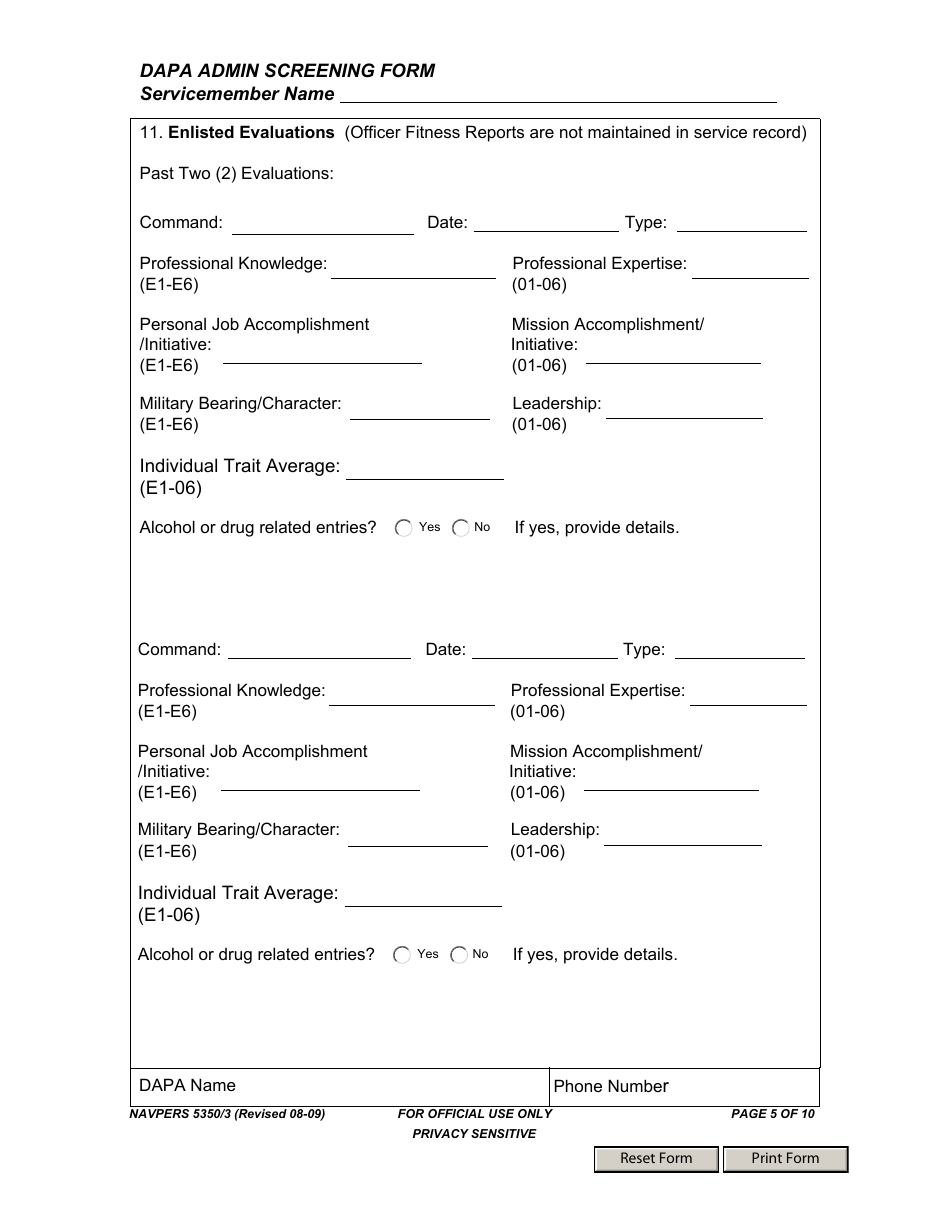 NAVPERS Form 5350 / 3 Dapa Admin Screening Form, Page 5
