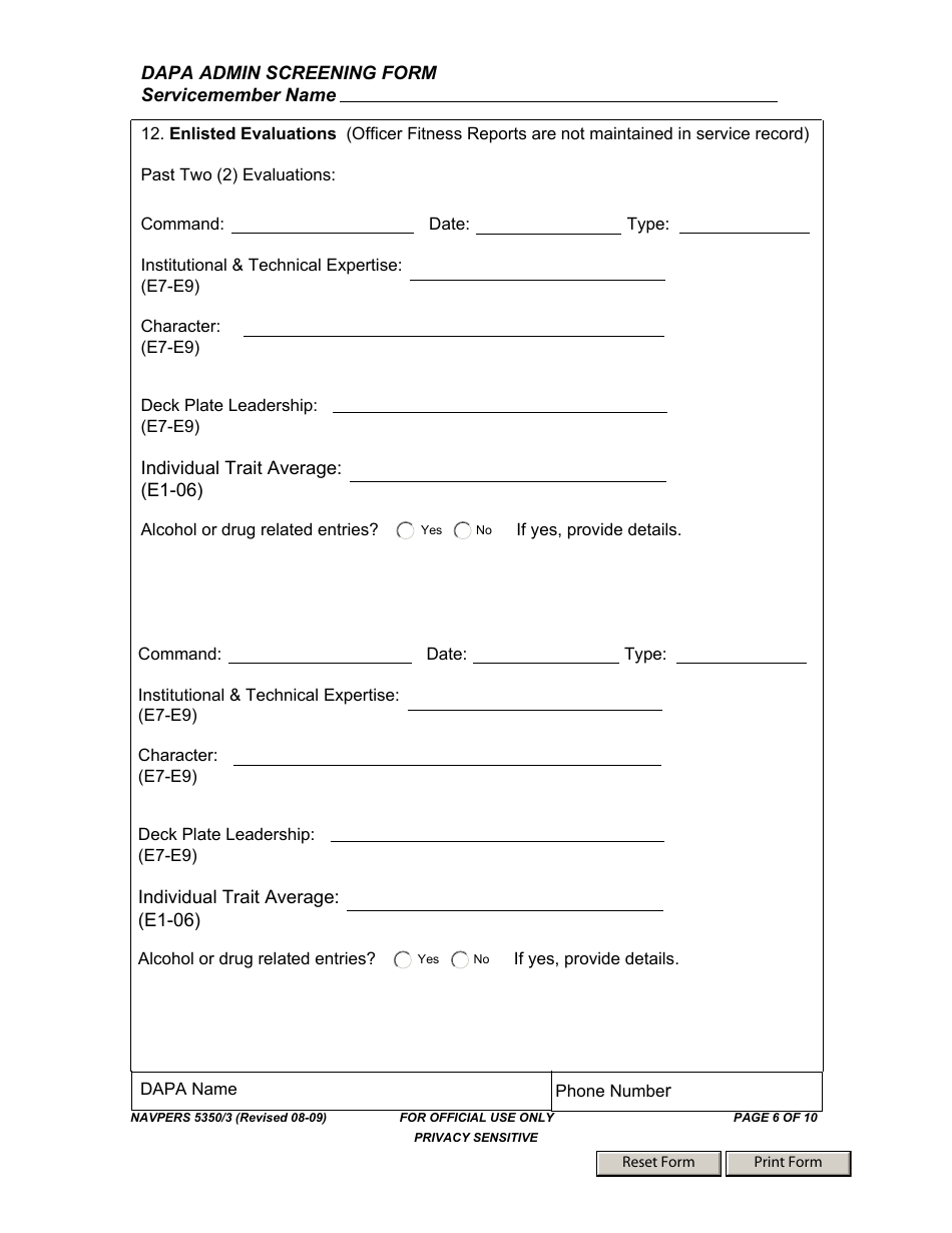 NAVPERS Form 5350 / 3 Dapa Admin Screening Form, Page 6
