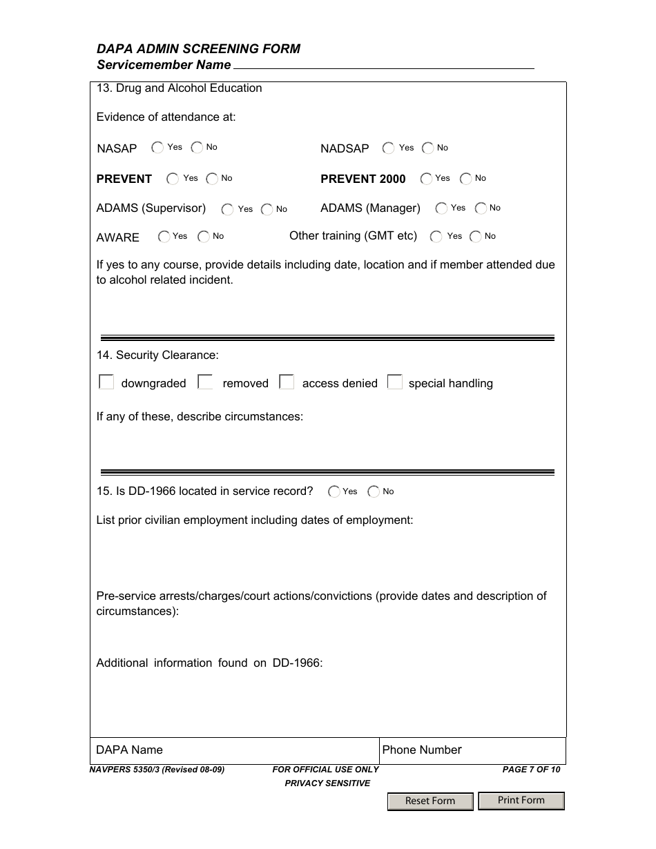 NAVPERS Form 5350 / 3 Dapa Admin Screening Form, Page 7