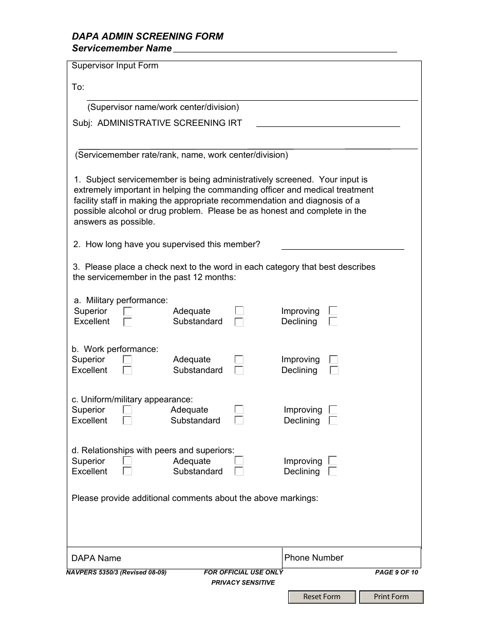 NAVPERS Form 5350 / 3 Dapa Admin Screening Form, Page 9