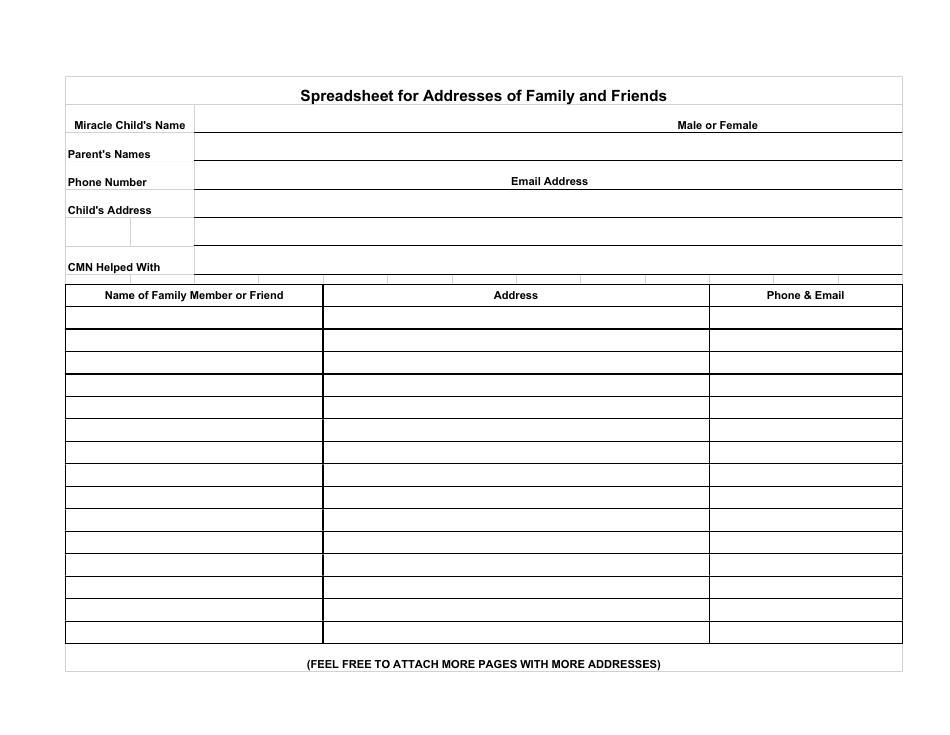 Spreadsheet for Addresses of Family and Friends - Printable Template