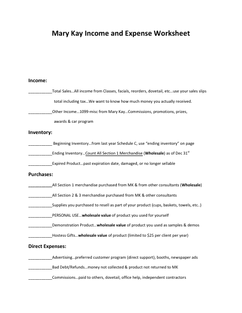 &quot;Mary Kay Income and Expense Worksheet&quot; Download Pdf