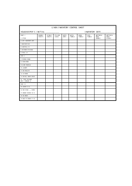 Linen Inventory Control Sheet Template