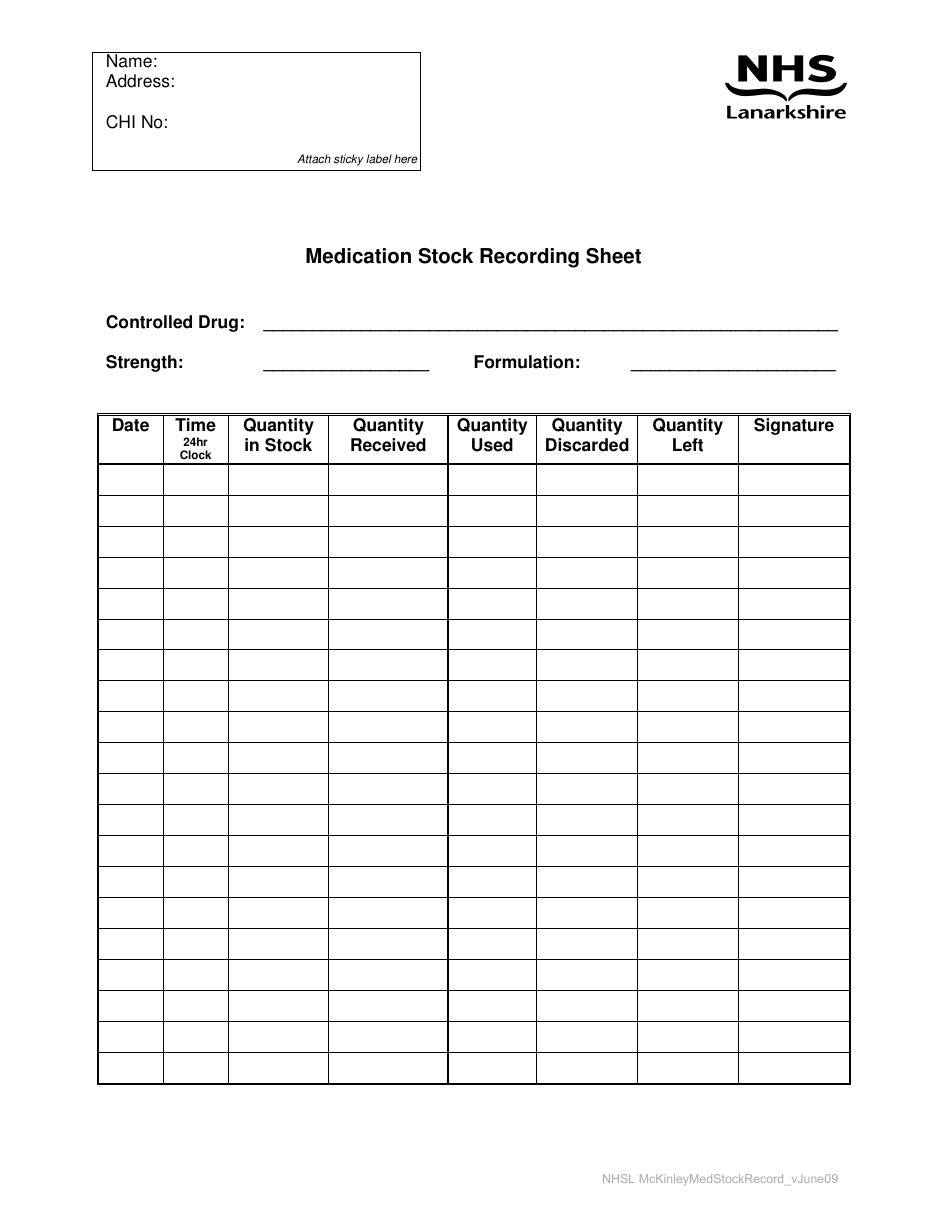 Medication Stock Recording Sheet Template - NHS