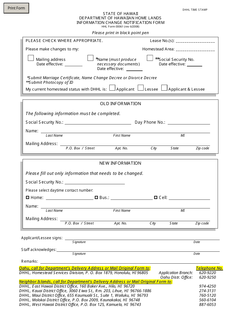 HHL Form 00061 Information Change Notification Form - Hawaii, Page 1