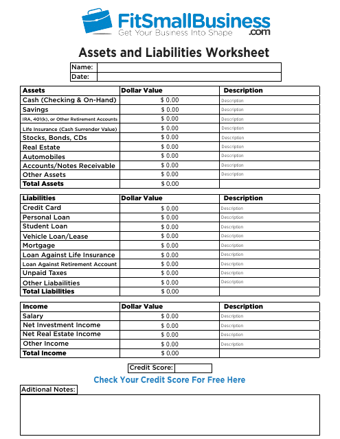 Assets and Liabilities Worksheet Template Preview