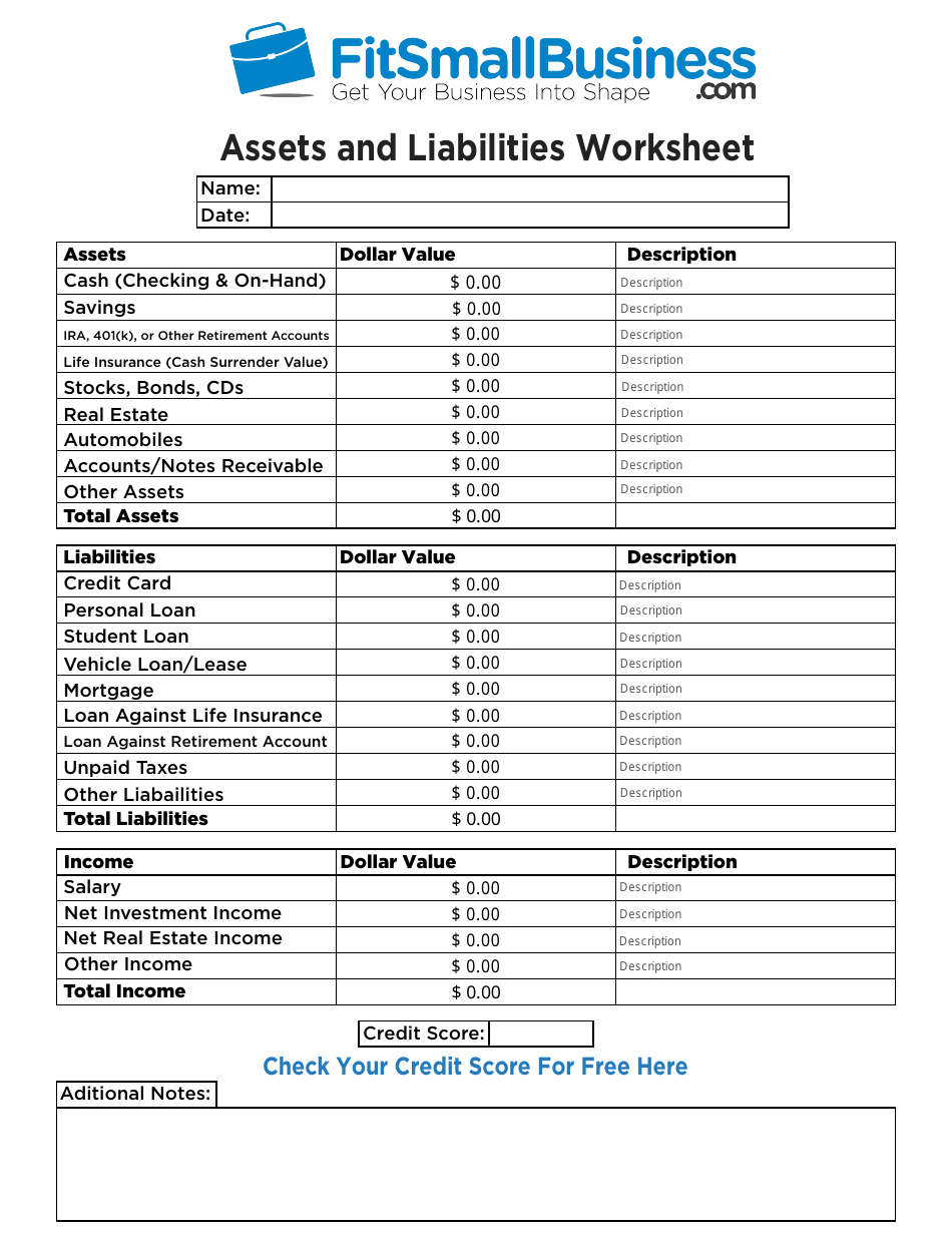 Assets and Liabilities Worksheet Template Preview