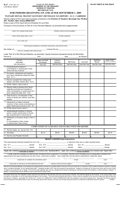 Form R-27 Plenary Retail Transit Licensee's Beverage Tax Report - September and After Only - New Jersey